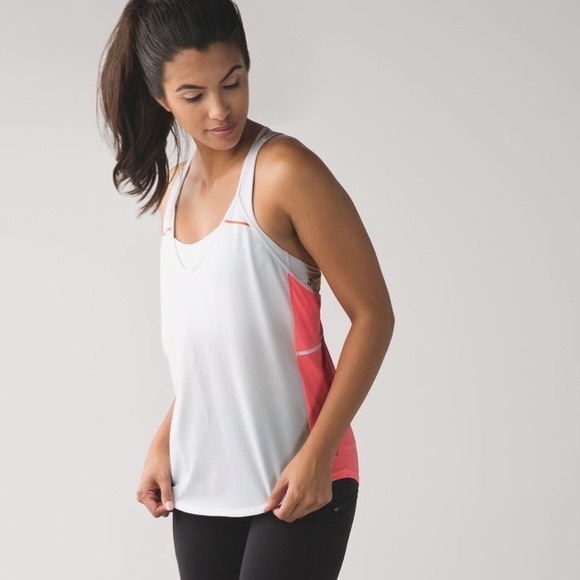 Lululemon Breezy Singlet 
White / Grapefruit. 
Size 6.
Pristine Condition. - Picture 7 of 8